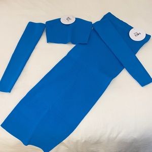 Princess Polly Blue Maxi Skirt and Long Sleeve Tube Off the Shoulder Top Set NWT